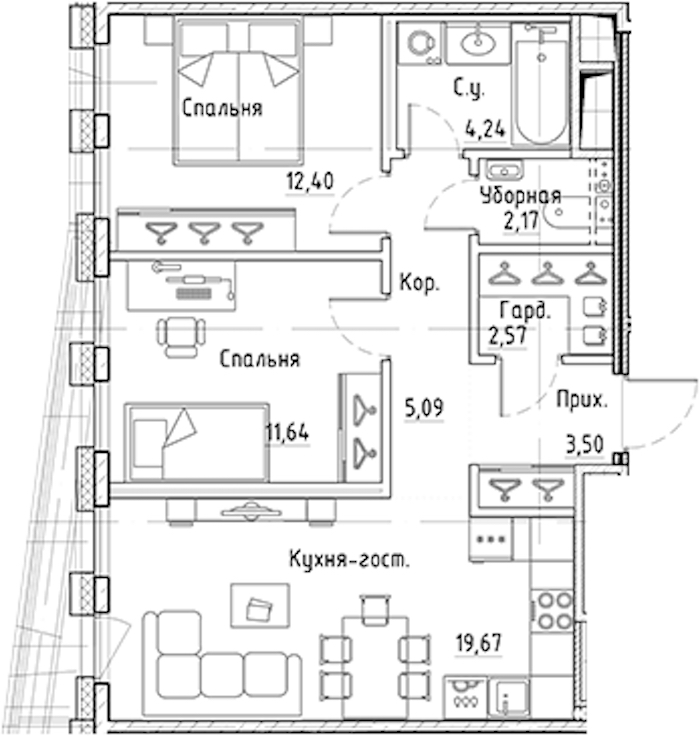 2-комнатная квартира 61.28 м², 5/10 эт., ЖК «LEGENDA Лисичанская 22»